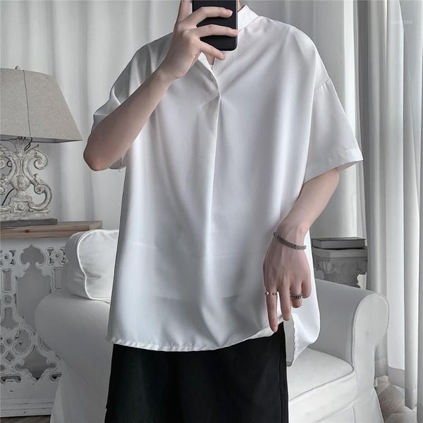 

fashion 2020 summer loose men shirt stand collar plus size short sleeve mens casual shirts pullovers thin blouse men clothing1, White;black