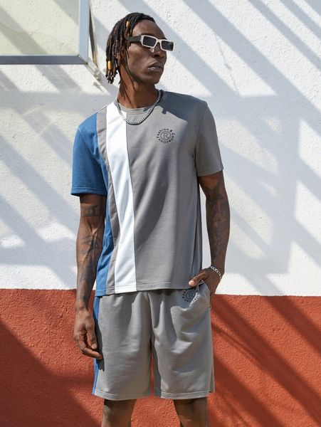 

men letter graphic colorblock tee & shorts b1lo#, Gray