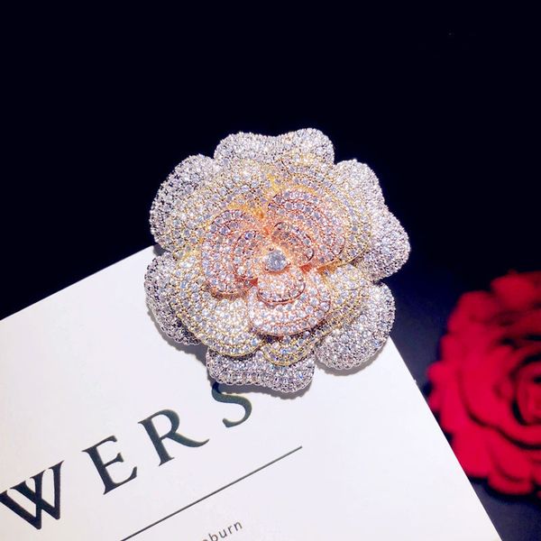 

vintage brooches for women pink rose flower cubic zirconia luxury fine jewelry boutonniere accessories pin 201009, Gray