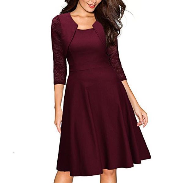 

women's irregular hem 3/4 lace sleeve polyster casual cocktail party office dress 2021 women wine red dress female, Black;gray