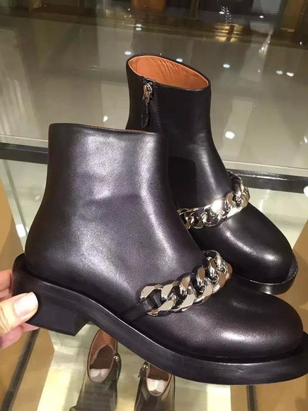 

luxury design women casual boots silver gold chain women ankle boots chunky heel autumn flat booties, Black