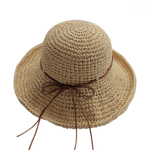 Geniş ağzı kadınlar ayarlanabilir fedora panama saman yaz tığ işi basit bayanlar katlanabilir plaj güneş şapka aksesuarları gündelik disket1