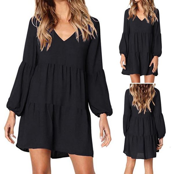 

#z30 fashion women solid dress lantern long sleeve v-neck draped mini dress summer 2020 new ladies loose short dresses beach, Black;gray