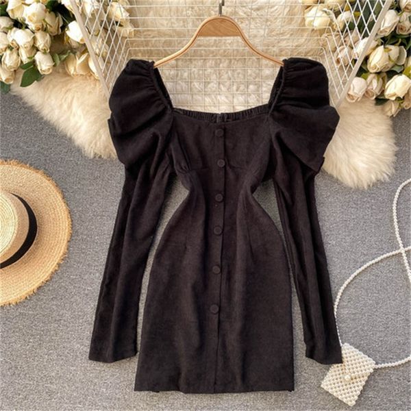 

2021 new french puff sleeve temperament collar retro single-breasted slim short corduroy dress female autumn and winter all-match 5usu, Black;gray