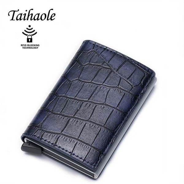 

card holders taihaole 2021 pu leather holder fashion men and women metal rfid vintage aluminium box travel wallet, Brown;gray