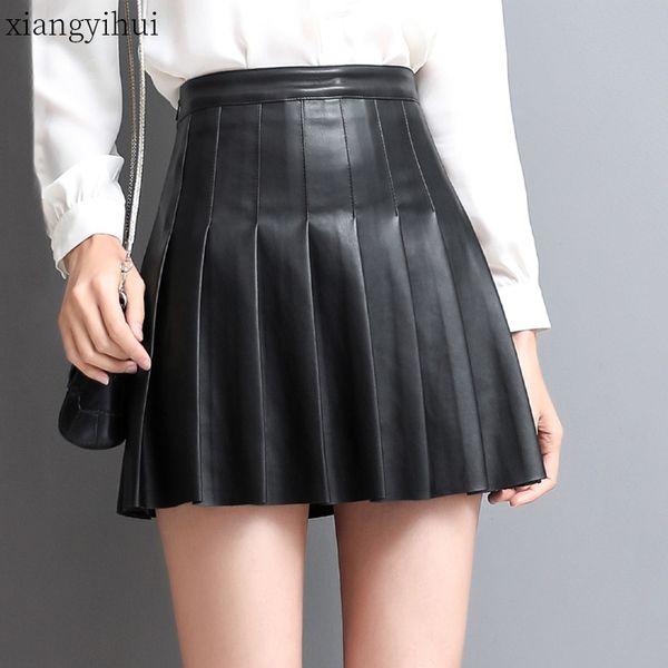 

fashion faux leather pleated black mini skirt for women 2020 new casual plus size high waisted imitation sheep skin skirt s-4xl y1214