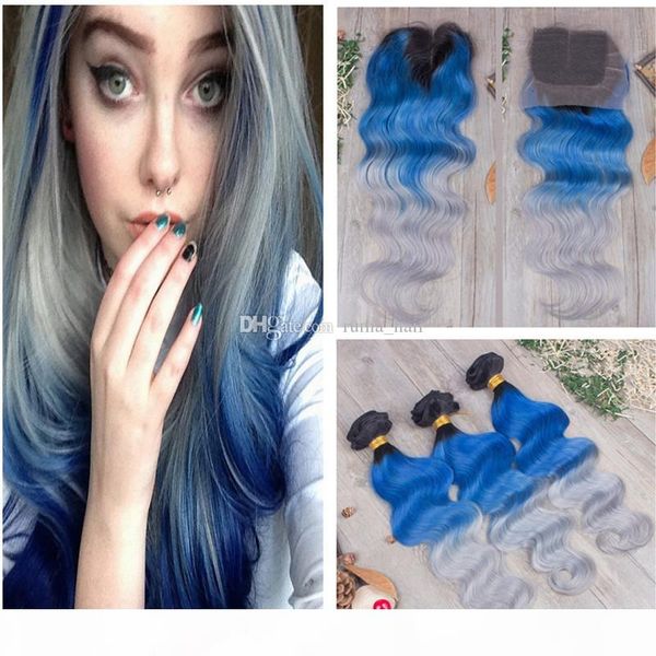 

new arrive human hair weaves with lace closure dark root 1b blue grey human hair weaves with lace closure 4pcs lot, Black;brown