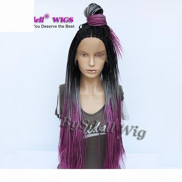 

african box braid wig synthetic black ombre grey teal purple color full braids lace front wigs
