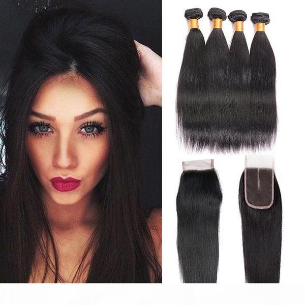 

100% human hair bundles with closure brazilian hair weave 4 bundles straight bundles virgin human hair with lace closure natural color, Black