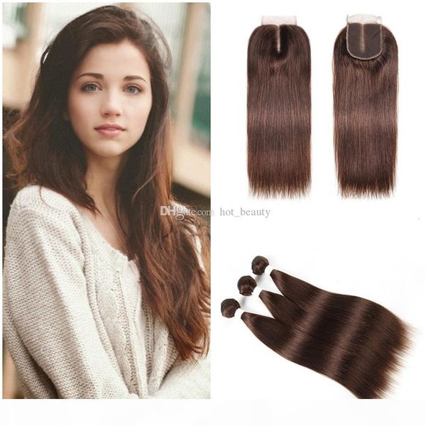 

malaysian virgin human hair weaves with lace closure color #4 chestnut brown lace closure with bundles wavy parting closure, Black