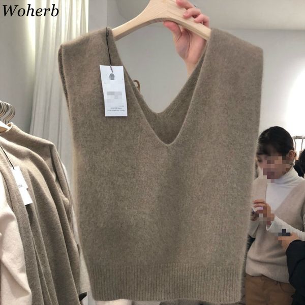 

woherb 2020 autumn winter clothes korean sweaters vest loose simple knitted coat double v-neck sleeveless jumper tank 4g564 h1211, White;black