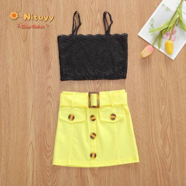 

2020 summer fashion toddler baby girls' sweet 2pcs outfit vest 2-piece set lace flower print sling sleeveless skirt buttons1, White