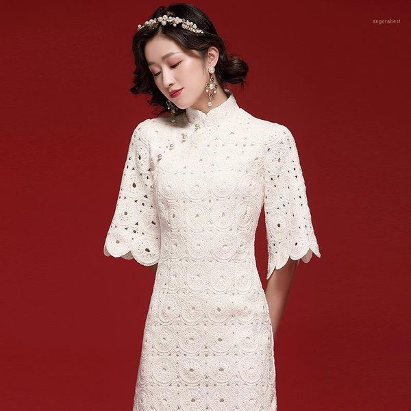 

retro chinese wedding bridal dress see through party midi pencil dress women elegant lace bandage bodycon1, Red