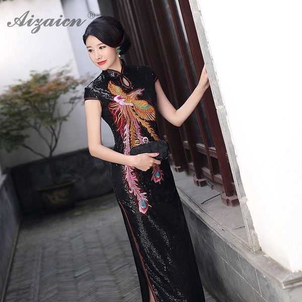 

ethnic clothing 2021 black sequins phoenix cheongsam long dresses chinoise collar qi pao women chinese traditional dress qipao vintage gown, Red