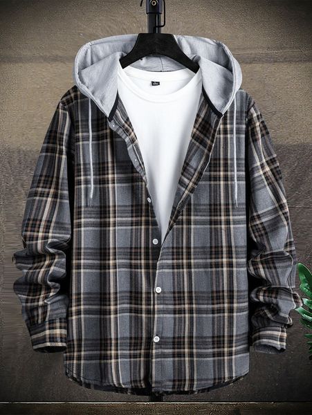

men tartan button front drawstring hooded shirt without tee c4tr#, White;black