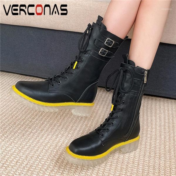 

boots verconas fashion motorcycle mid-calf for women autumn winter genuine leather shoes woman buckle zipper casual boots1, Black