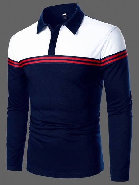 

men color block contrast striped tape polo shirt d7o5#, White;black