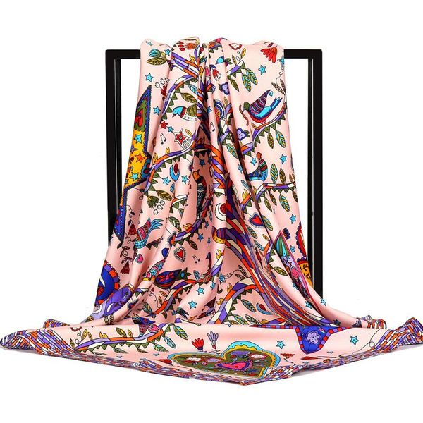 

2020 new summer autumn scarf vegetation birds printed 90cm kerchief foulard lady's neck hair scarves girl hair scarf, Blue;gray