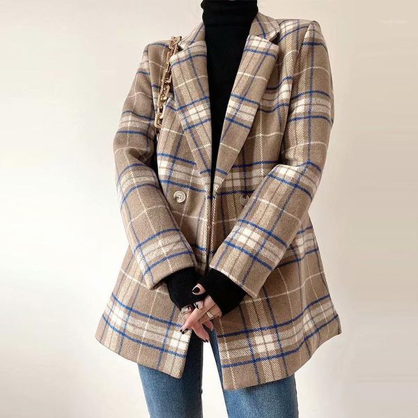 

winter elegant women plaid wool woolen overcoat female warm new style jacket coats vintage double-breasted minimalist outwear1, Black