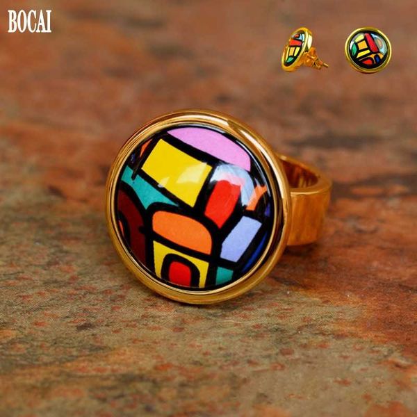 

village series high-temperature fired medium round cloisonne ring for woman enamel color jewelry woman ring gift, Slivery;golden