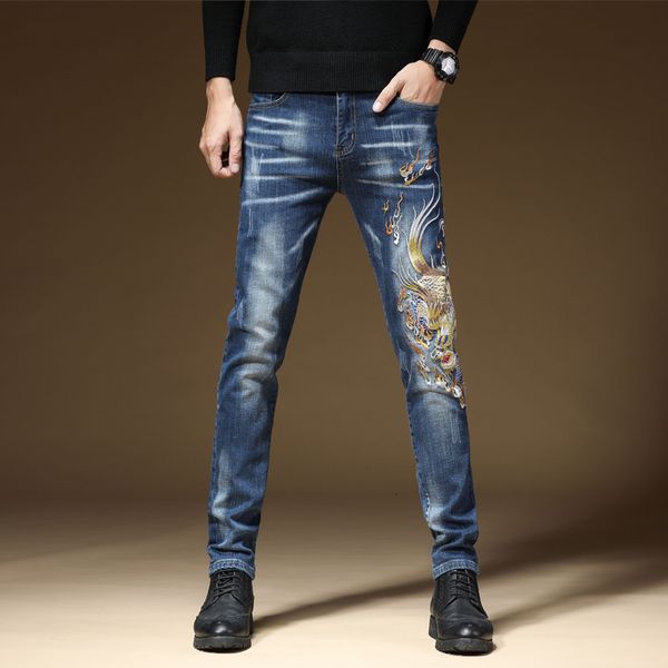 

2021 new male autumn embroidered jeans men's stretch personality wild trend pattern black blue badge thick trousers 3kyp
