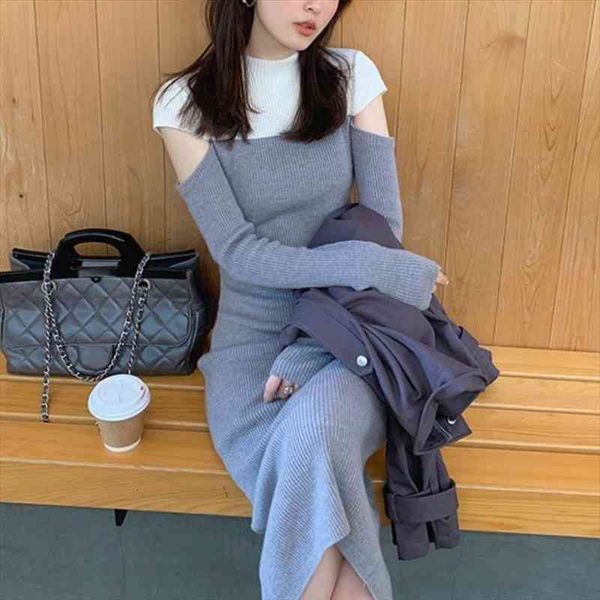 

french vintage sweater dress women casual long sleeve knitted dress office lady slim one piece korean fashion autumn, Black;gray