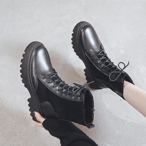 

boots riveted female women shoes ankle 2021 autumn british wind genuine leather thick with short motorcycle shoes1, Black