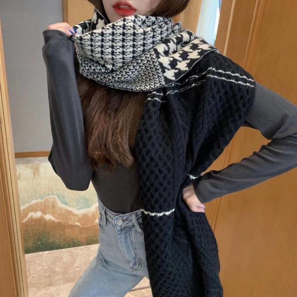 

2020 Korean knitted thousand bird grid autumn and winter long and wide women's scarf fashion cross border thickened warm scarf, Blue;gray