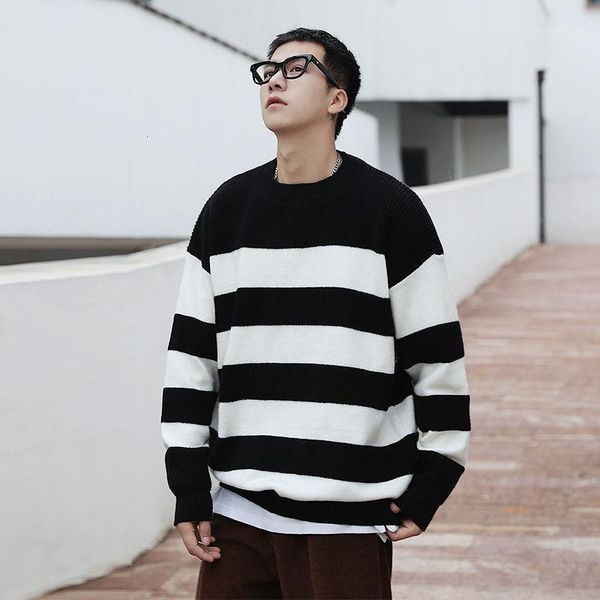 

winter thick striped sweater men's warm fashion casual knitted pullover men wild loose korean o-neck sweaters mens clothes -3xl1, White;black