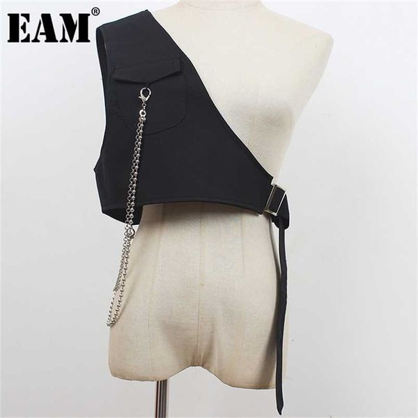 

[eam] women loose fit black irregular chain spliced short vest v-collar sleeveless fashion spring summer 2022 1dd8906 220117, Black;white