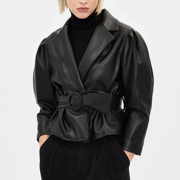 

2021 new black faux jacket women spring autumn short soft pu leather jackets with belt fashion moto biker coat tailored collar 6nd5, Black;brown