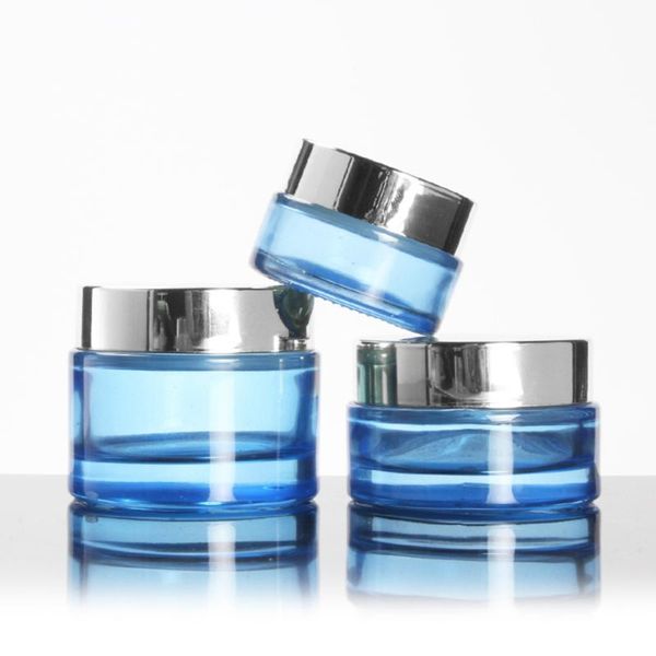 

glass 20g blue packaging cosmetics cream jar with gold/silver lid