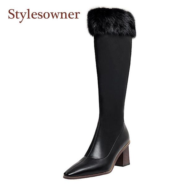

knee-high boots autumn winter new european american style square toe thick heel side zipper fur boots women stretch knight, Black