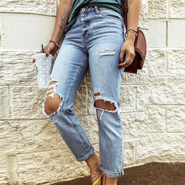 

women's jeans fashion bleached ripped women cotton denim slim elasticity straight pants vintage femme spring autumn wear, Blue