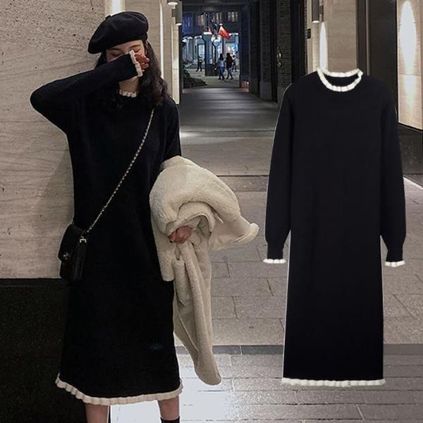 

women's sweaters woman black sweater 2021 pullover loose long autumn and winter knitting dress femme chandails pull hiver, White;black