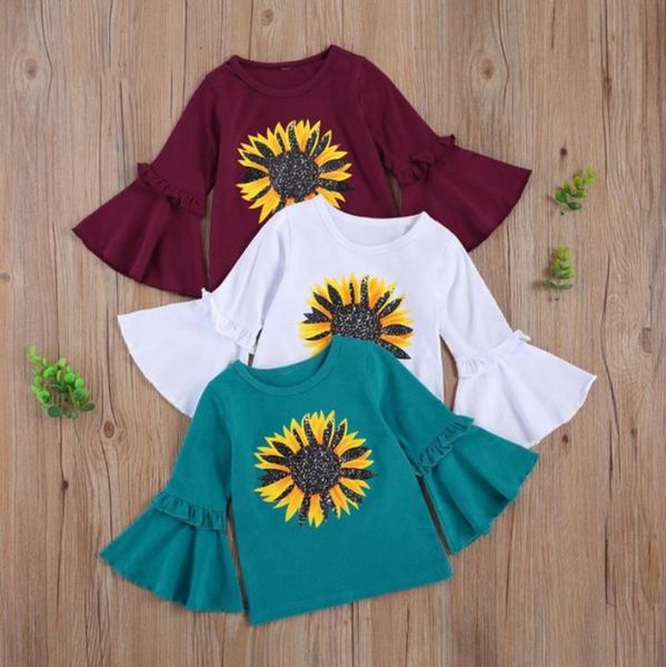 

toddler girls clothes floral girl t shirts flared sleeve children shirt flower kids baby boutique clothing 3 colors dw6333, Blue
