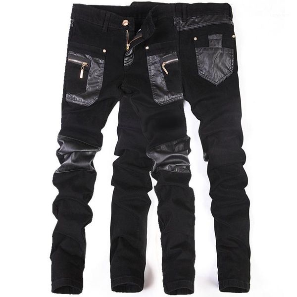 

men's pants fashion men leather patchwork casual skinny motorcycle jeans slim trousers size 28-361, Black