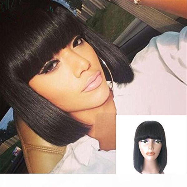 

factory price glueless lace front human hair bob wig full lace short wigs for black women short wig with bangs, Black;brown