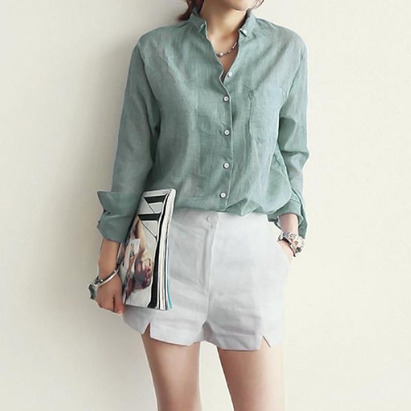 

women linen cotton shirts summer autumn long sleeve v-neck casual lady solid thin buckle loose blouse shirts plus size 4xl1, White