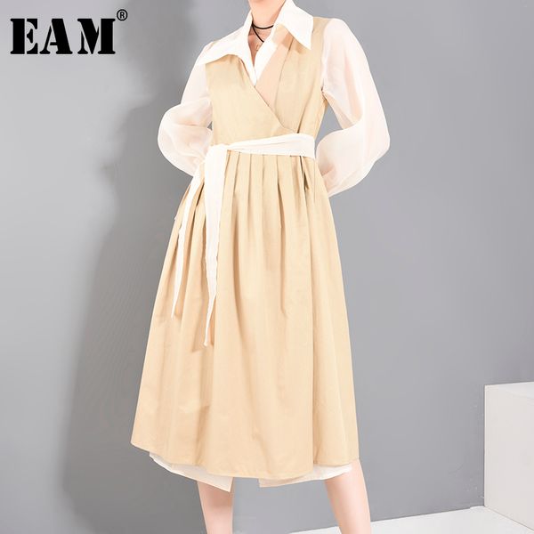 

[eam] women khaki bandage brief big size trench new lapel long sleeve loose fit windbreaker fashion tide spring 1r73404 201031, Tan;black
