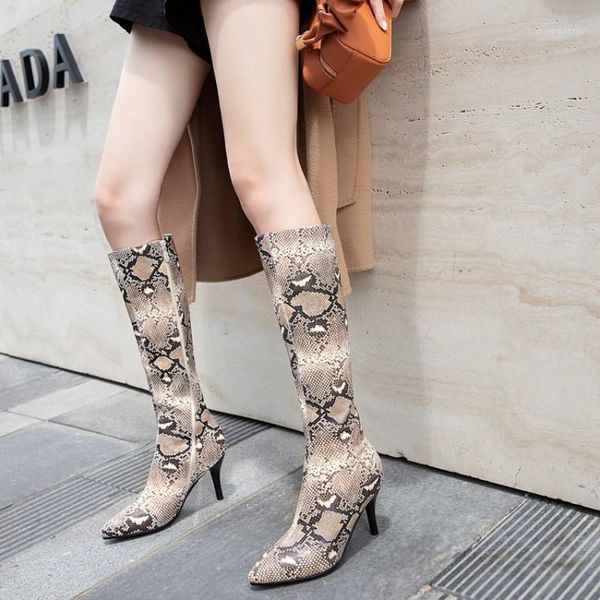 

boots women knee high colorful snake pattern zip shoes thin heels fashion female party1, Black
