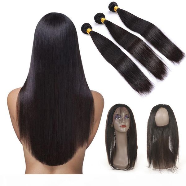 

pre plucked brazilian straight human hair weaves with 360 lace band frontal virgin human hair with bady hair 4pcs lot, Black;brown