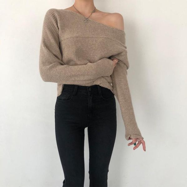 

superaen solid slash neck knitted sweaters women new autumn and winter off-the-shoulder full body-tie bottom, White;black