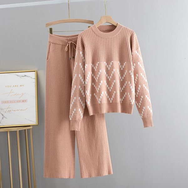 

2021 new women sweater two piece knitted sets jacquard tracksuit chic pullover crewneck long sleeve wide leg pants cfee, White