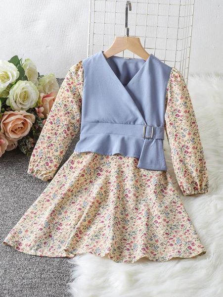

toddler girl ditsy floral & colorblock surplice neck dress she, Red;yellow