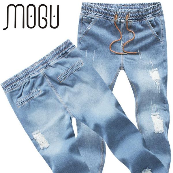 

2021 new joggers men full length cuffed jeans plus size 5xl elastic waist jeans men light blue color ripped for