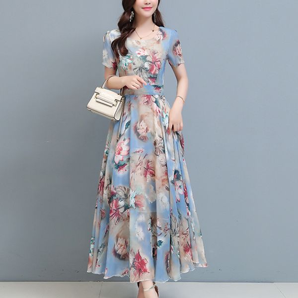 

chiffon summer floral print big swing short sleeve a-line high waist ankle-length pink blue black green coctail dress 9754 party