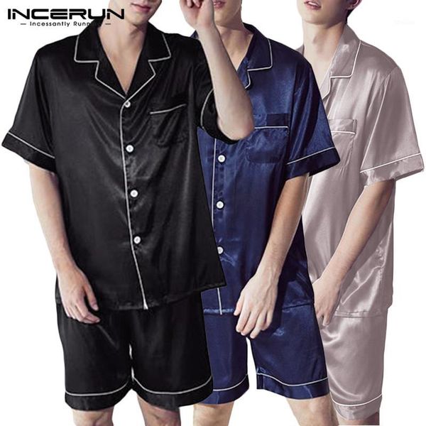 

men's sleepwear men's short sleeve pants pajamas sets summer solid color home causal loose ice silk lapel nightwear 5xl incerun1, Black;brown