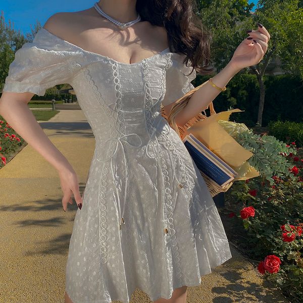 

2021 new white hollow fairy out cotton dresses vintage french embroidery above the knee with v-female cleavage 068c, Black;gray