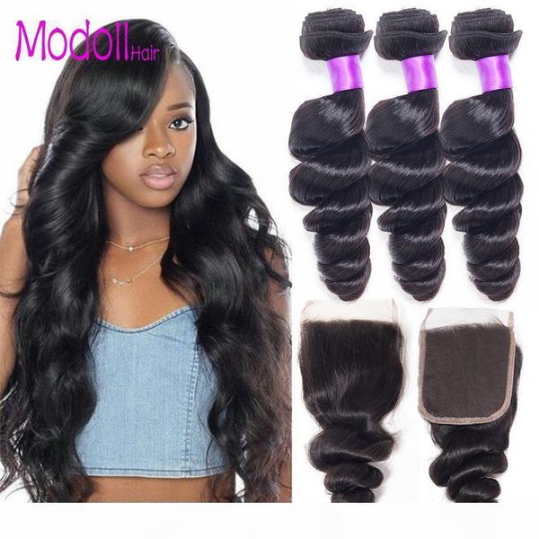 

brazilian loose wave virgin hair bundles with closure 100% human hair weave bundels brazilian loose wave human hair bundles with closure, Black;brown